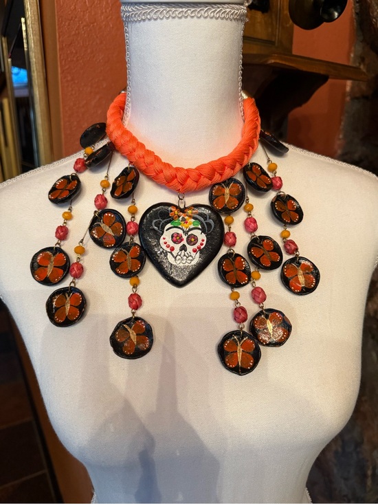 Jewelry - Handcrafted Orange Day of the Dead Heart Statement Necklace - Unbranded